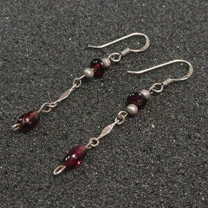 925 Sterling Red Glass Bead Dangle Earrings 1.5” Drop Lightweight Artisan Boho